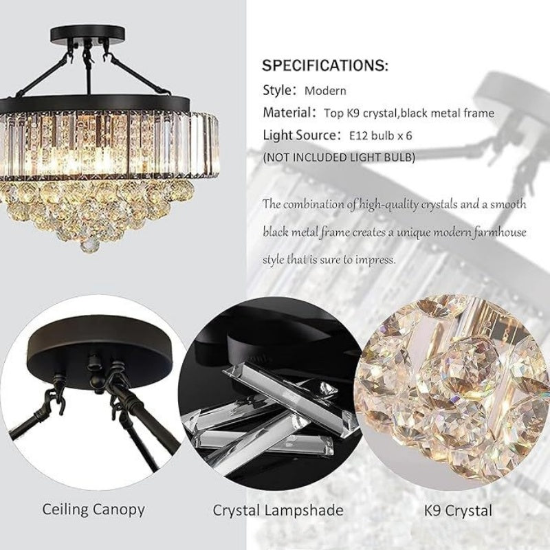 Modern Light Luxury Crystal Chandelier Black Round Living Room Dining Room Bedroom Home