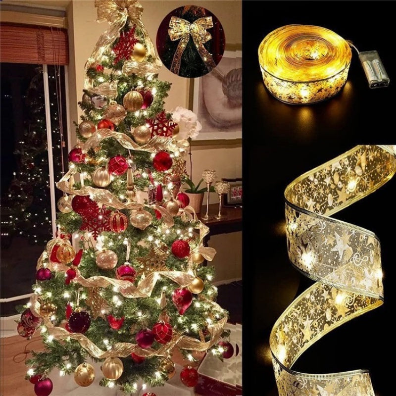 The Christmas Tree Is Decorated With Ribbons And Colorful Lights