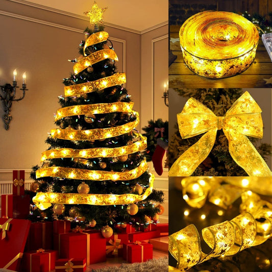 The Christmas Tree Is Decorated With Ribbons And Colorful Lights