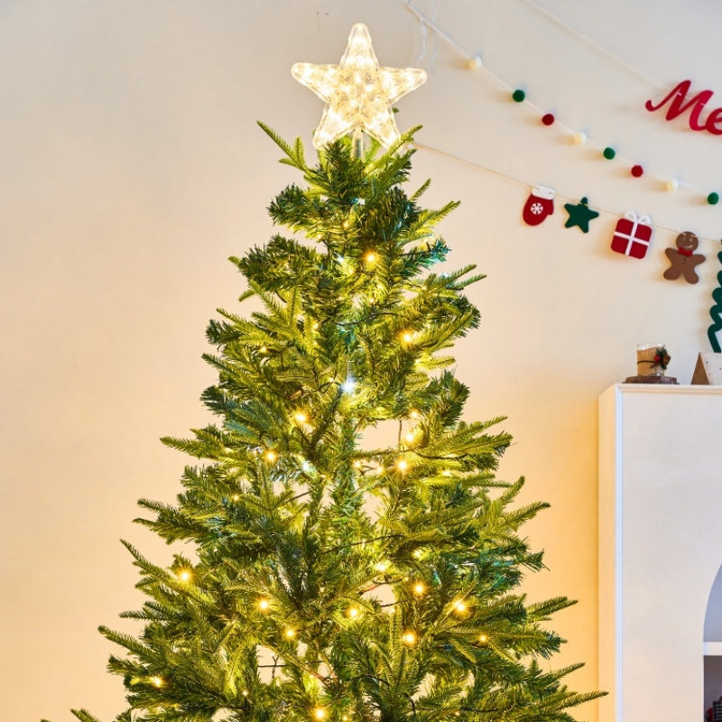 The Top Star Of The Christmas Tree Is Decorated With A Five-Pointed Star Lamp