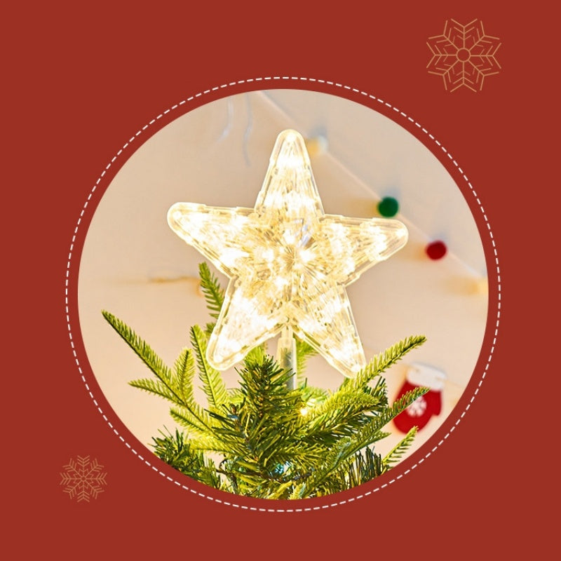 The Top Star Of The Christmas Tree Is Decorated With A Five-Pointed Star Lamp